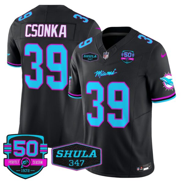 Dolphins “Miami Vice” Shula 347 & 50th Perfect Season Patch Vapor Limited Jersey – All Stitched – Black – Larry Csonka Jersey