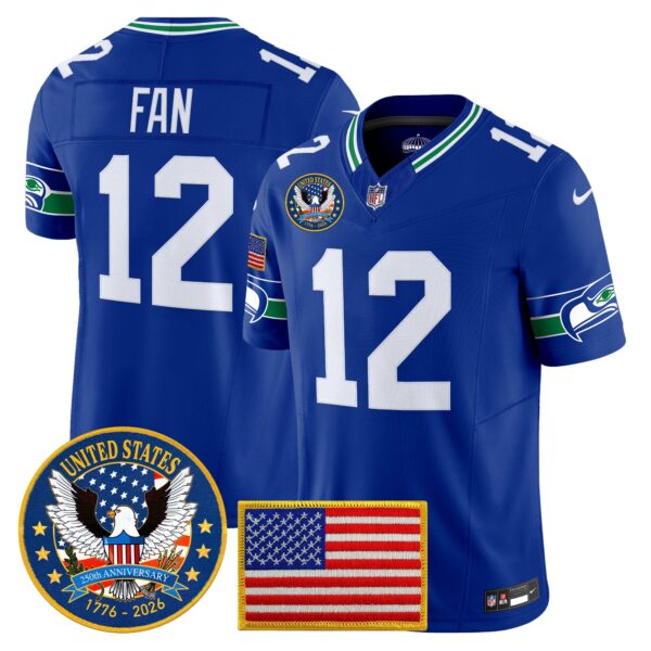 Seattle Seahawks “United States 250th Anniversary Patch” Vapor Limited Jersey – All Stitched – Royal – 12th Fan Jersey