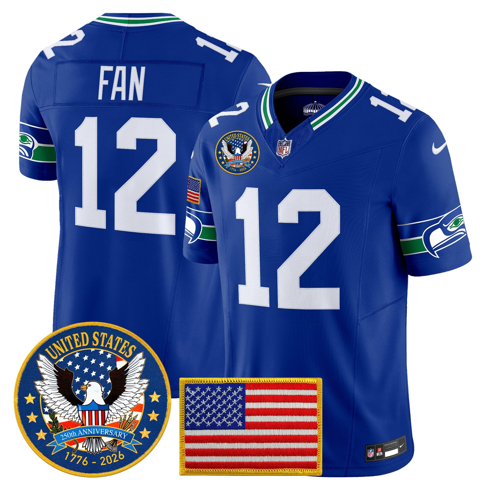 Seattle Seahawks “United States 250th Anniversary Patch” Vapor Limited Jersey – All Stitched – Royal – 12th Fan Jersey