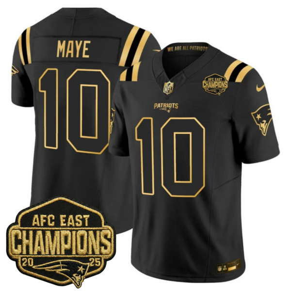 New England Patriots 2025 AFC East Champions Gold Vapor Limited Jersey – All Stitched – Black Gold – Drake Maye Jersey