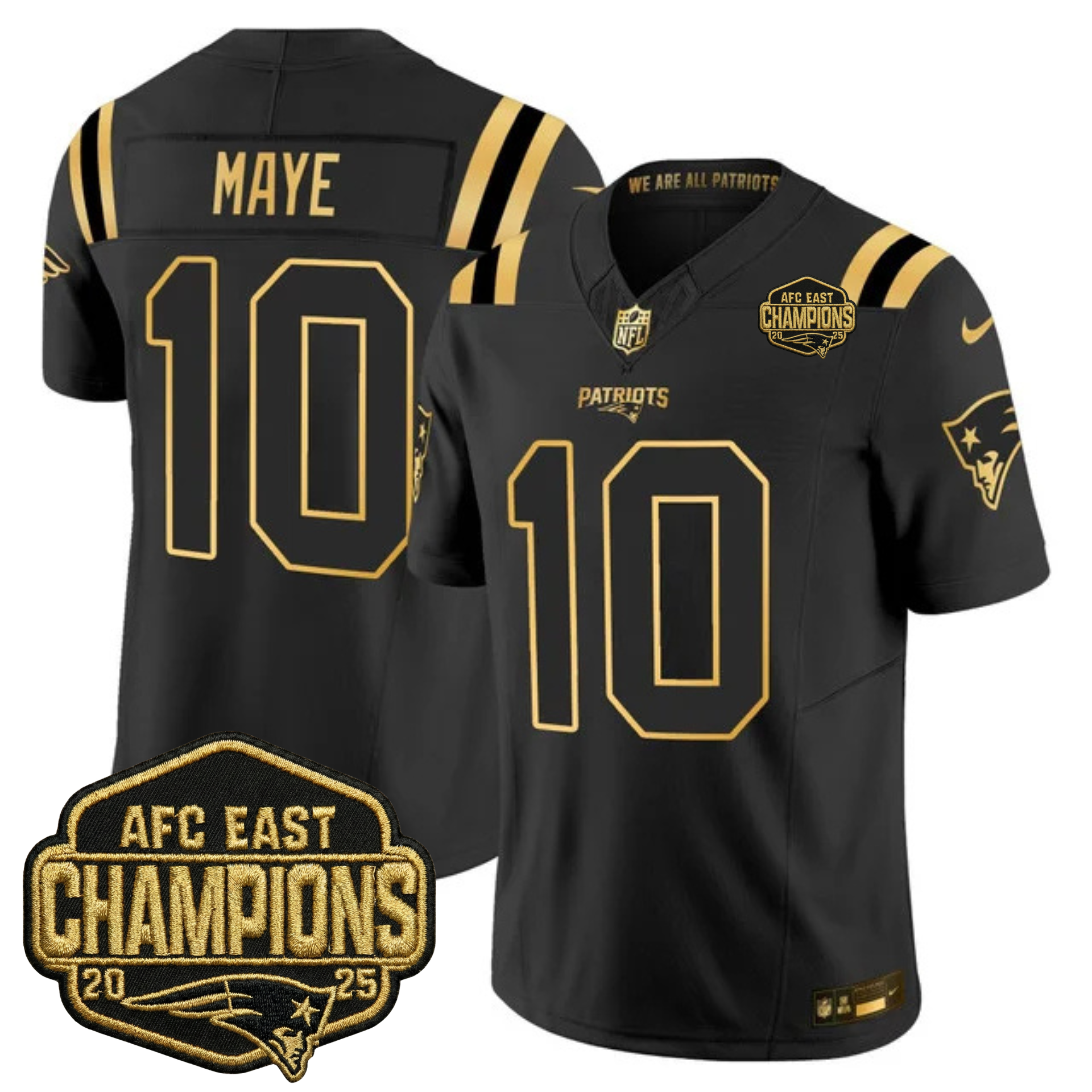 New England Patriots 2025 AFC East Champions Gold Vapor Limited Jersey – All Stitched – Black Gold – Drake Maye Jersey
