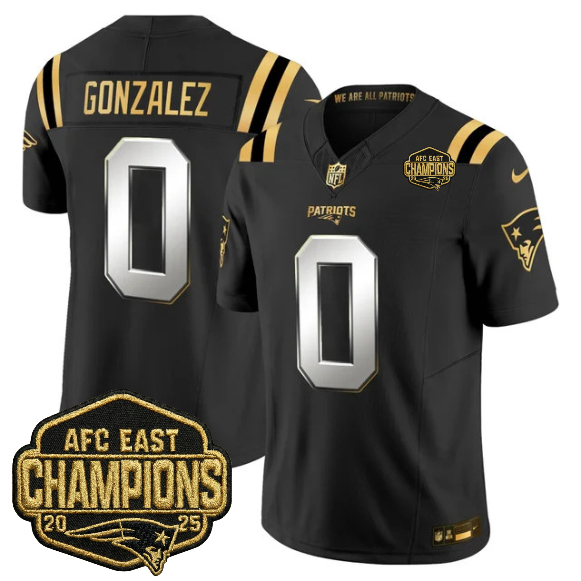New England Patriots 2025 AFC East Champions Gold Vapor Limited Jersey – All Stitched – Black Limited – Christian Gonzalez Jersey