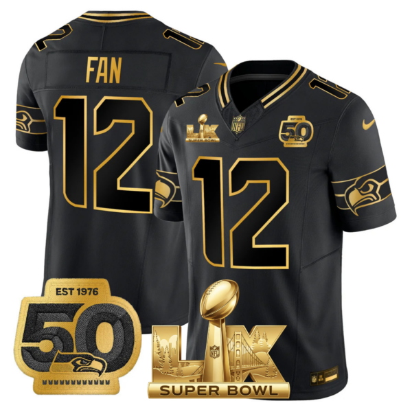 Seattle Seahawks Super Bowl LX Patch Gold Jersey – All Stitched – Black Gold – 12th Fan Jersey