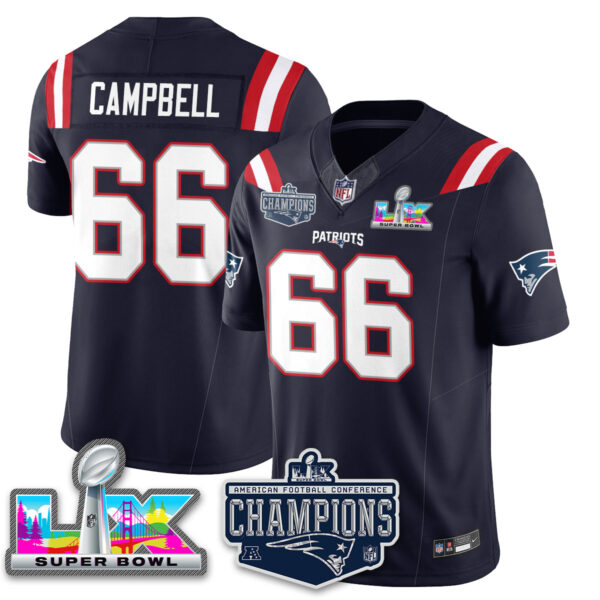 New England Patriots 2025 AFC Champions Vapor Limited Jersey – All Stitched – Navy – Will Campbell Jersey