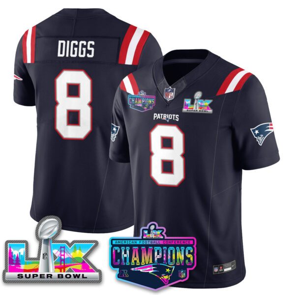 New England Patriots 2025 Vapor Jersey – AFC Champions Limited Patch – All Stitched – Navy – Stefon Diggs Jersey