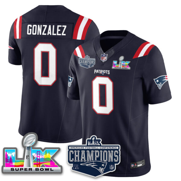 New England Patriots 2025 AFC Champions Vapor Limited Jersey – All Stitched – Navy – Christian Gonzalez Jersey
