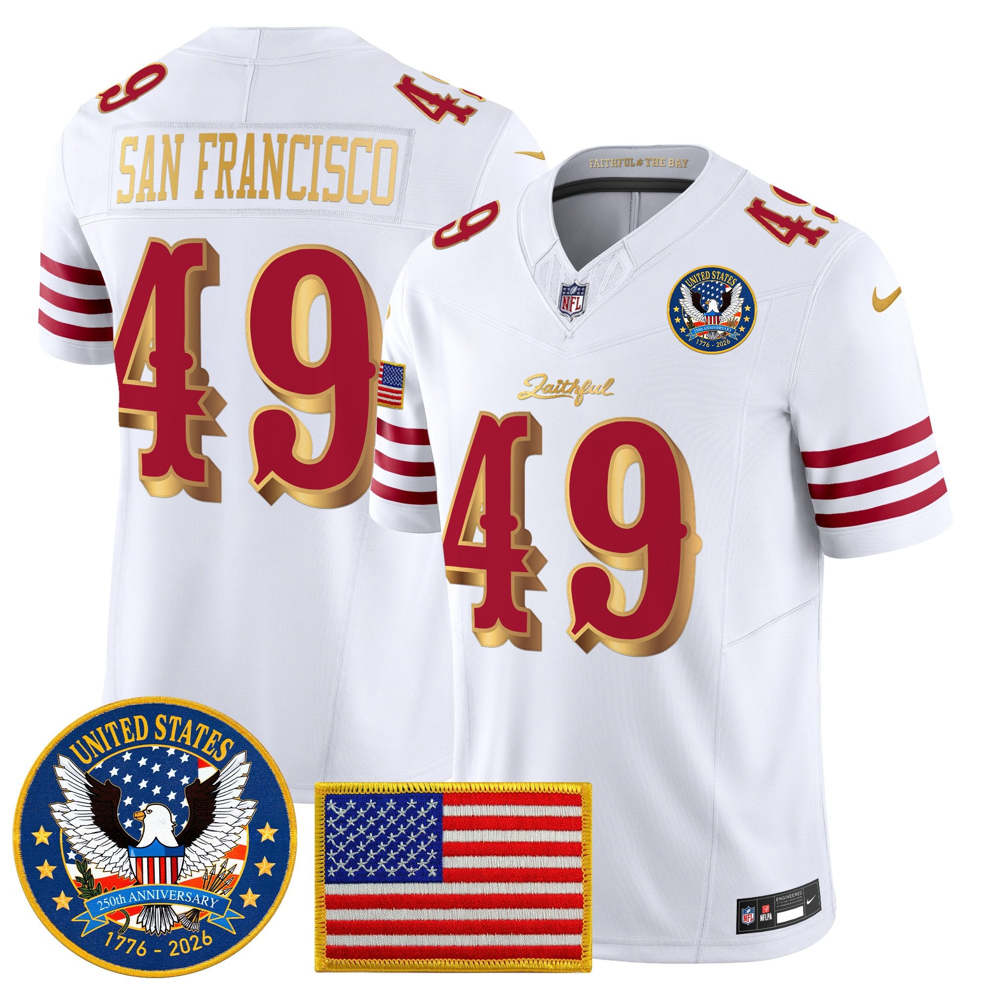 Men’s San Francisco 49ers “United States 250th Anniversary Patch” Vapor Limited Jersey – All Stitched – White Rivalries – #49 San Francisco Jersey