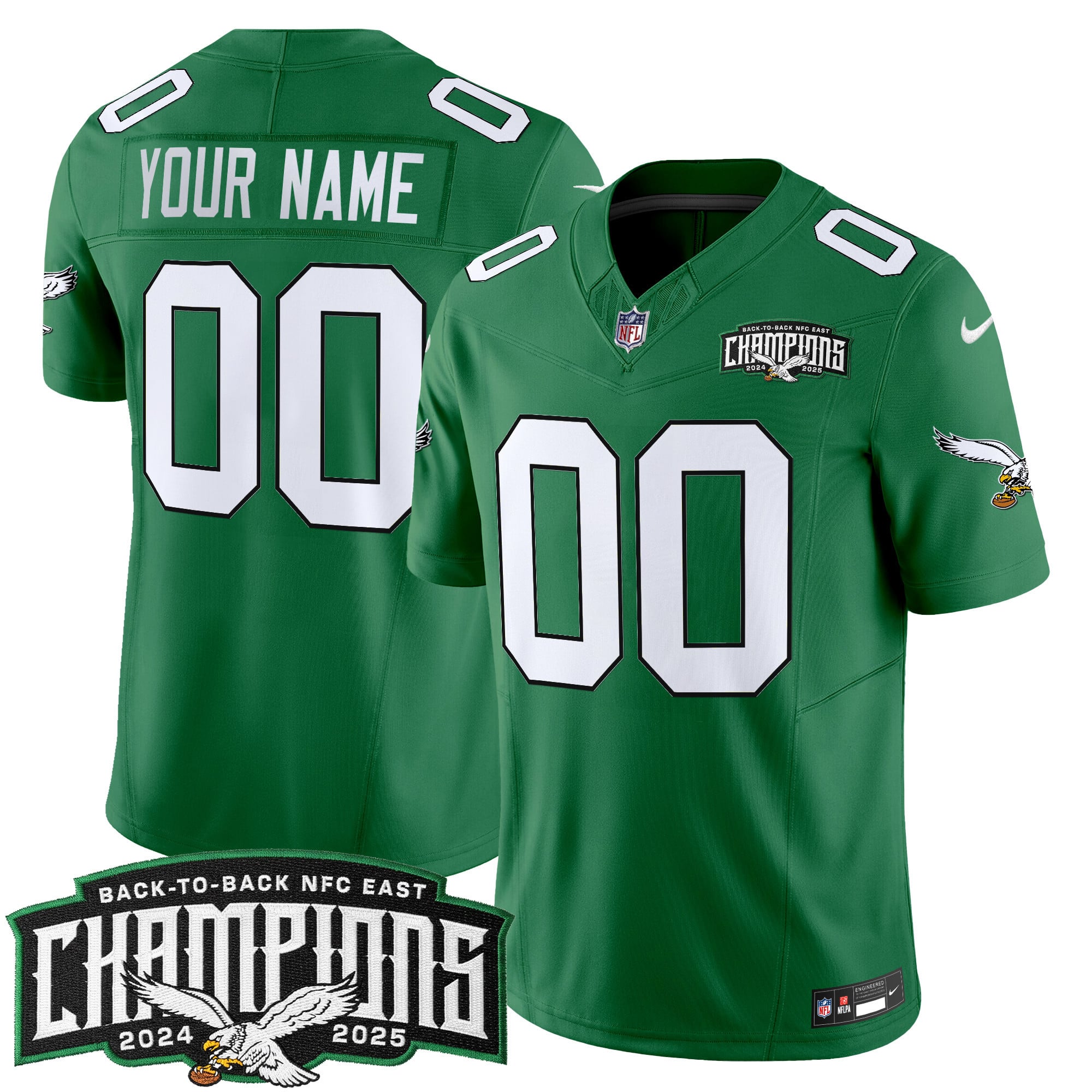 Philadelphia Eagles Back-To-Back 2024-2025 NFC East Division Champions Vapor Limited Custom Jersey – All Stitched – Kelly Green Jersey