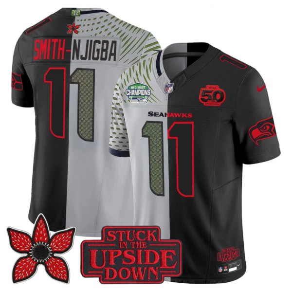 Seattle Seahawks 2025 NFC West Division Champions ‘Upside Down Edition’ Vapor Limited Jersey – All Stitched – Rivalries – Black – Smith-Njigba Jersey