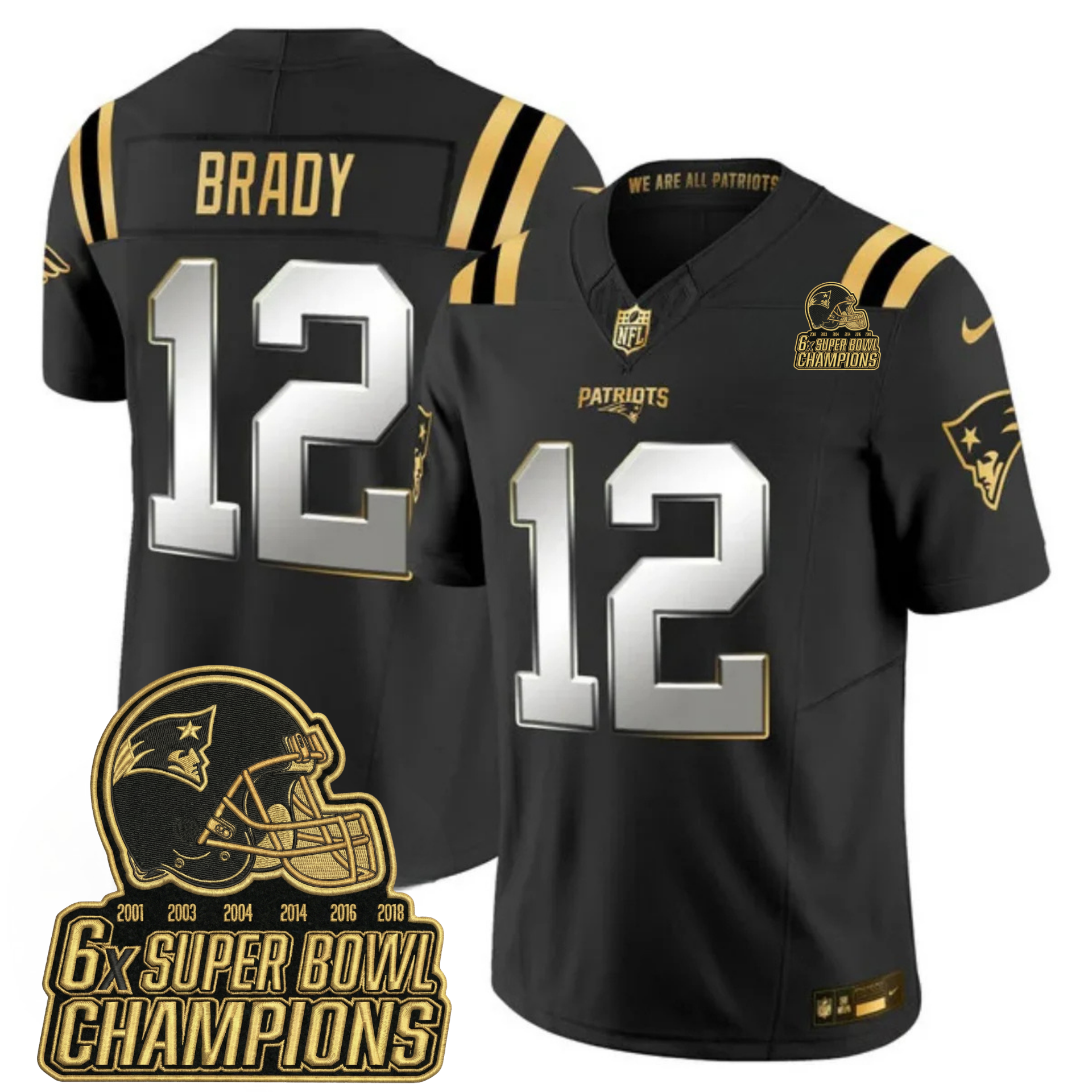 New England Patriots 6-Time Champions & Massachusetts Patch Vapor Limited Jersey V3- All Stitched – Black Limited – Tom Brady Jersey
