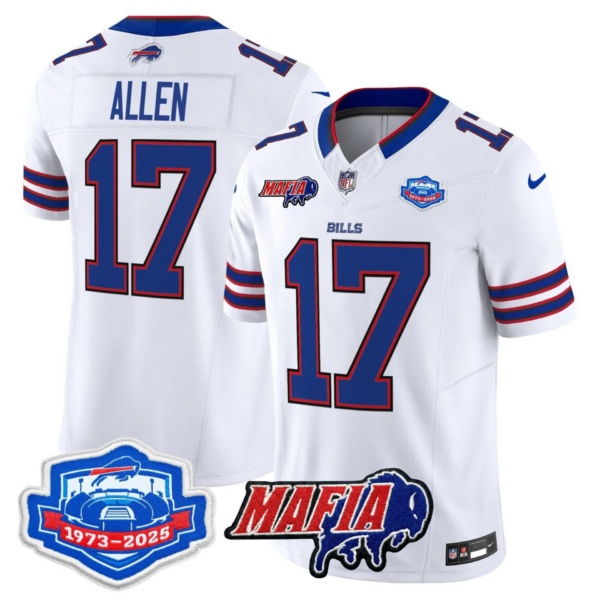 Buffalo Bills 2025 Bills Mafia & Farewell Season Patch Vapor Limited Jersey – All Stitched – White – Josh Allen Jersey