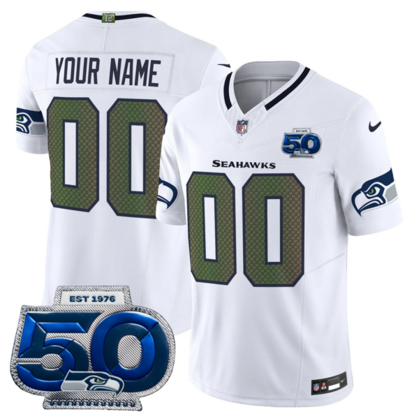 Custom Seattle Seahawks 2025 “Rivalries” 50th Season Patch Vapor Limited Jersey – All Stitched – White Jersey