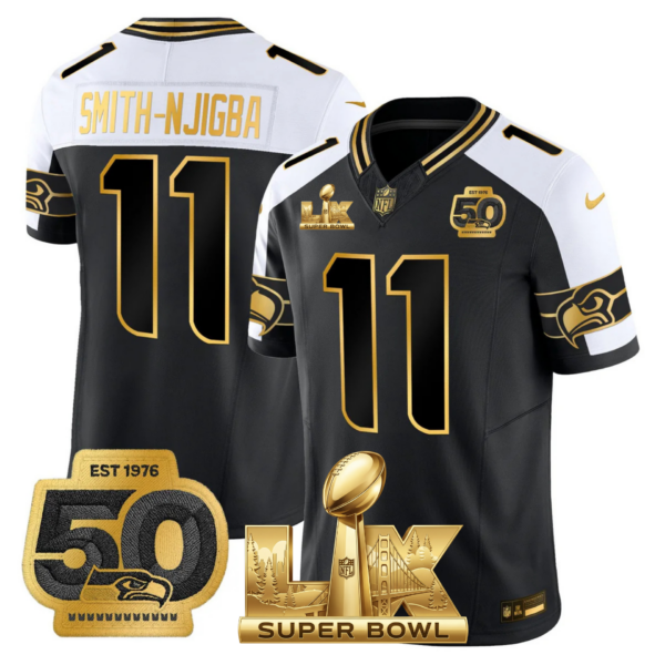 Seattle Seahawks Super Bowl LX Patch Gold Jersey – All Stitched – Black Alternate – Smith-Njigba Jersey