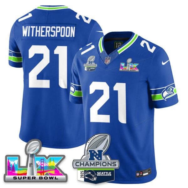 Seattle Seahawks 2025 NFC Champions Vapor Limited Jersey V2 – All Stitched – Royal – Devon Witherspoon Jersey