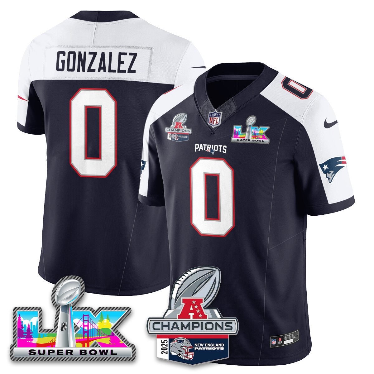 New England Patriots 2025 AFC Champions Vapor Limited Jersey V2 – All Stitched – Navy Alternate – Christian Gonzalez Jersey