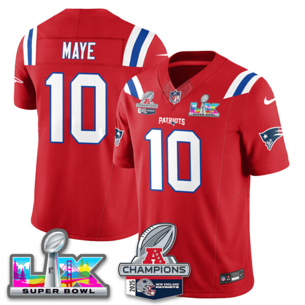 New England Patriots 2025 AFC Champions Vapor Limited Jersey V2 – All Stitched – Red – Drake Maye Jersey