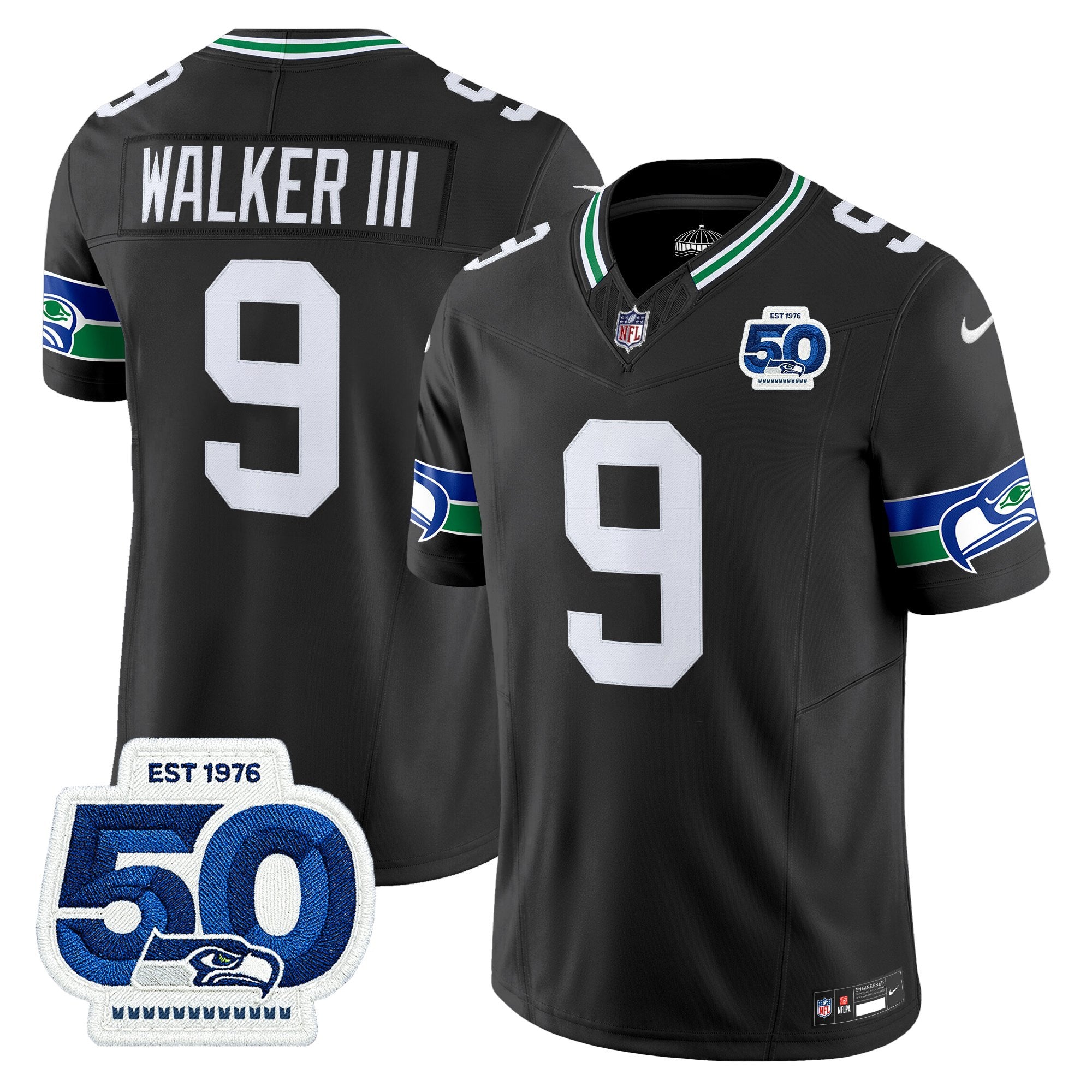 Seattle Seahawks Throwback Vapor Limited Jersey – 50th Anniversary Patch – All Stitched – Black – Walker III Jersey