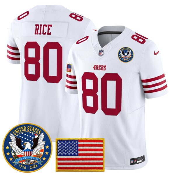 Men’s San Francisco 49ers “United States 250th Anniversary Patch” Vapor Limited Jersey – All Stitched – White – Jerry Rice Jersey