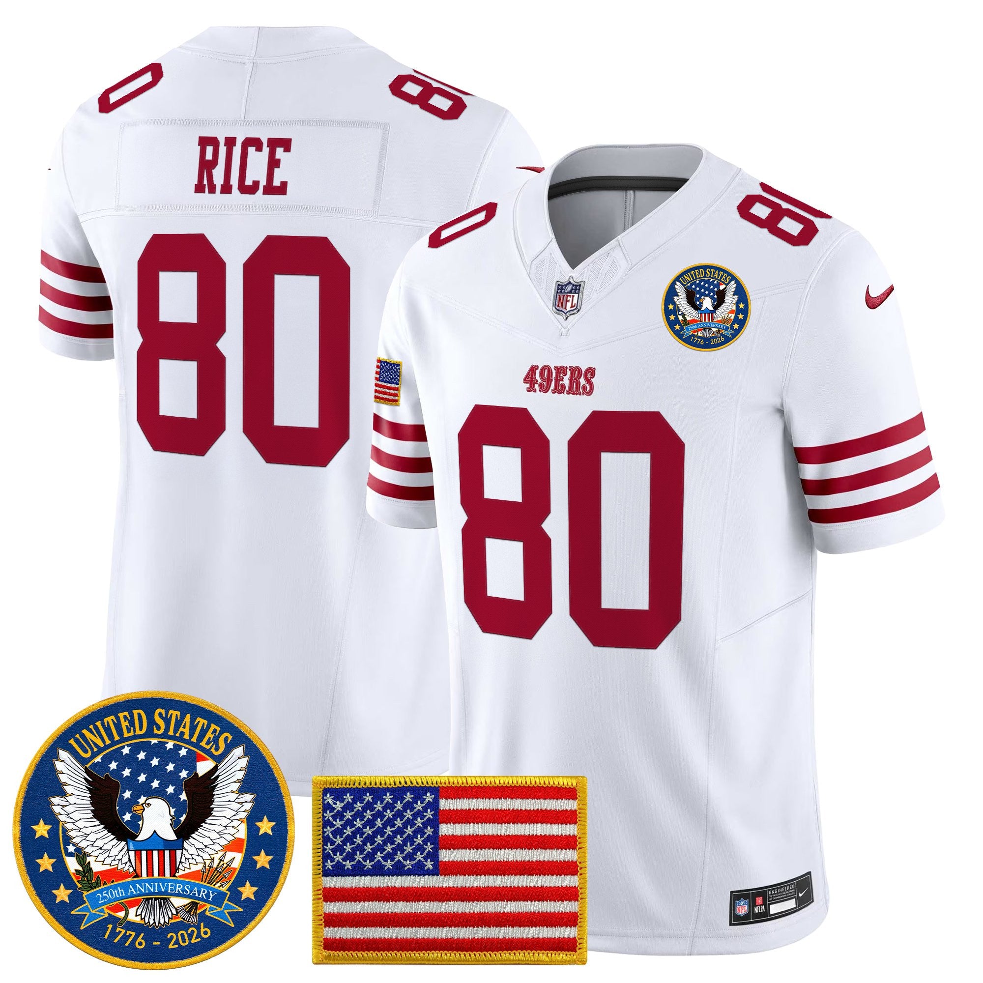 Men’s San Francisco 49ers “United States 250th Anniversary Patch” Vapor Limited Jersey – All Stitched – White – Jerry Rice Jersey