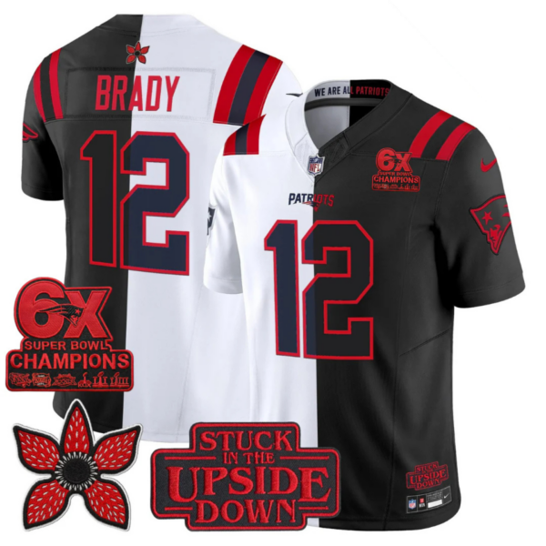 New England Patriots 6-Times Champions Patch ‘Upside Down Edition’ Vapor Limited Jersey – All Stitched – White – Black – Tom Brady Jersey