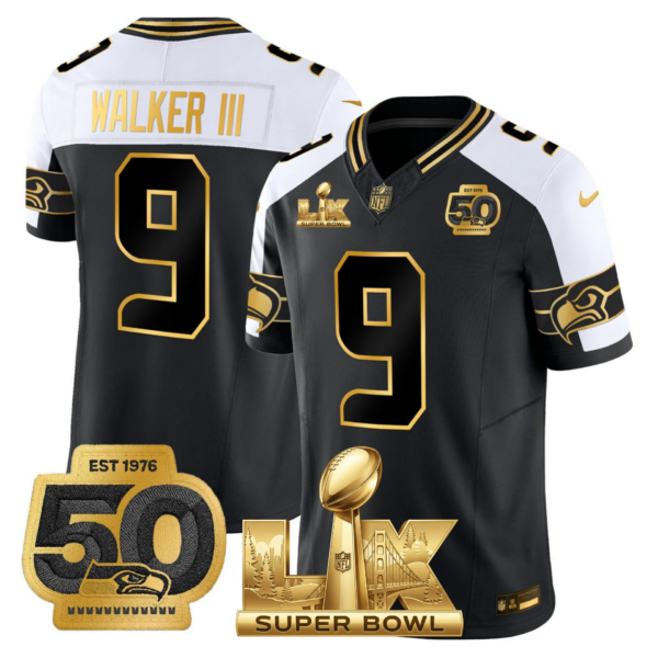 Seattle Seahawks Super Bowl LX Patch Gold Jersey – All Stitched – Black Alternate – Walker III Jersey