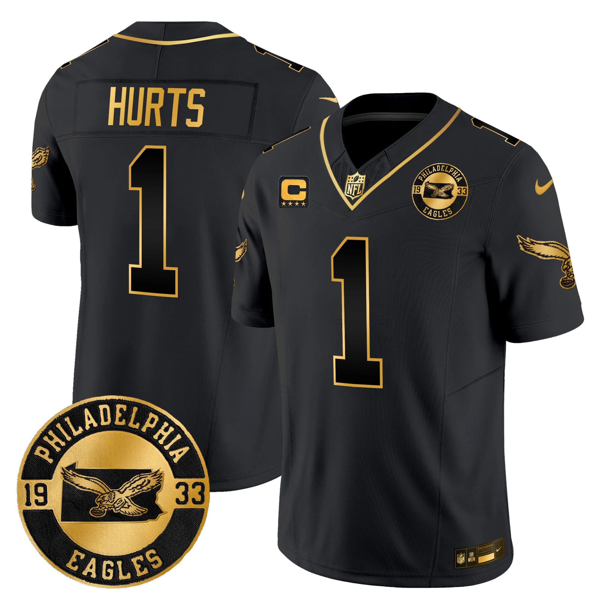 Mens Philadelphia Eagles 2024 Throwback Gold Vapor Limited Jersey Est 1933 Patch Jalen Hurts Jersey Black Gold