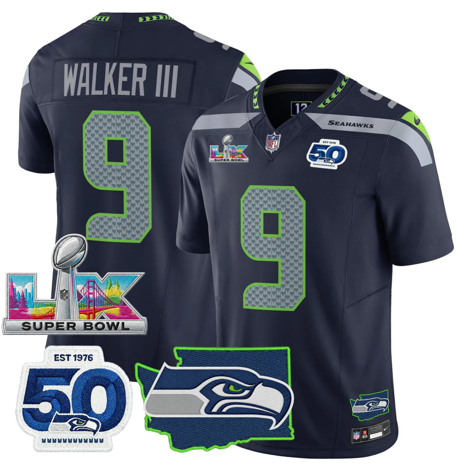 Seattle Seahawks Super Bowl LX Patch Jersey – All Stitched – College Navy – Walker III Jersey