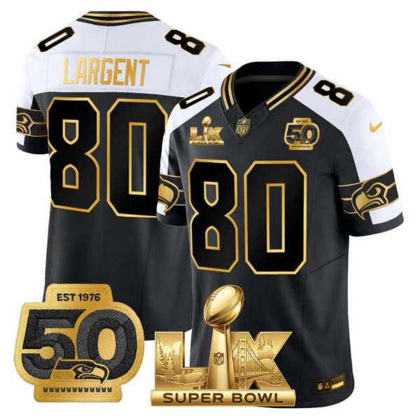 Seattle Seahawks Super Bowl LX Patch Gold Jersey – All Stitched – Black Alternate – Steve Largent Jersey