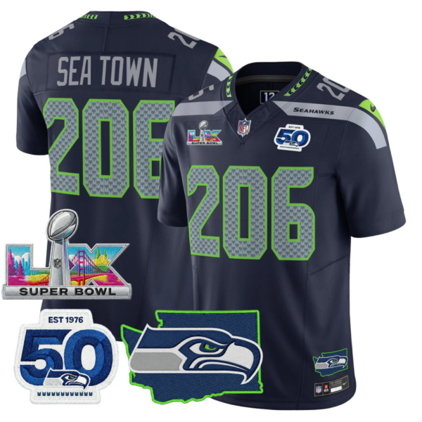 Seattle Seahawks Super Bowl LX Patch Jersey – All Stitched – College Navy – Sea Town Jersey