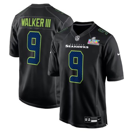 Youth Seattle Seahawks #9 Kenneth Walker III Black Super Bowl LX Patch Carbon Fashion Game Jersey
