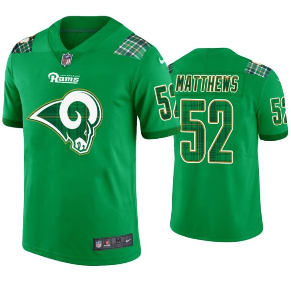Clay Matthews Los Angeles Rams #52 Jersey St. Patricks Day Green Mens