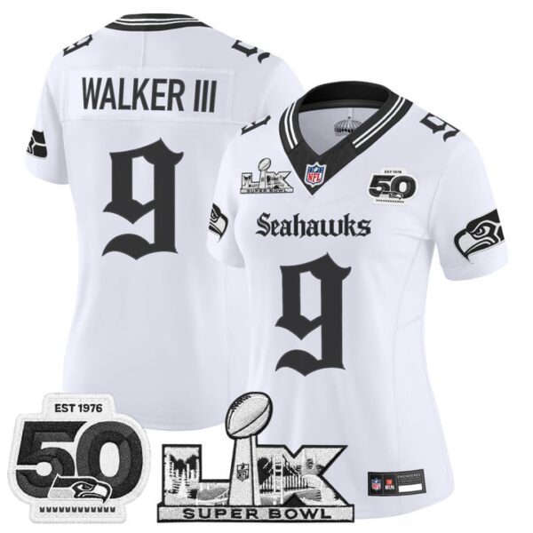 WoSeattle Seahawks Walker III Super Bowl LX & 50th Patch" Vapor Limited Jersey - Gothic Edition - All Stitched - White