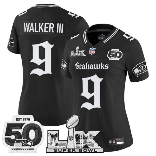 WoSeattle Seahawks Walker III Super Bowl LX & 50th Patch" Vapor Limited Jersey - Gothic Edition - All Stitched - Black