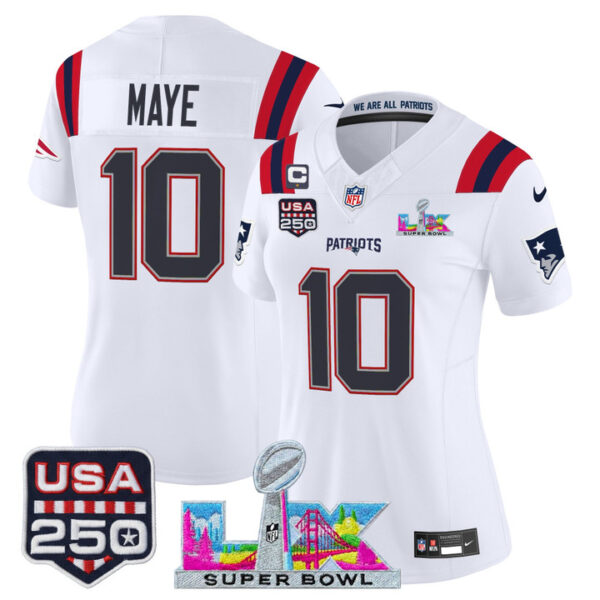WoNew England Patriots Drake Maye "Super Bowl LX & United States 250th Anniversary Patch" Vapor Limited Jersey - All Stitched - White