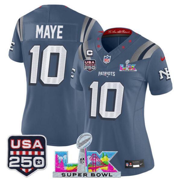 WoNew England Patriots Drake Maye "Super Bowl LX & United States 250th Anniversary Patch" Vapor Limited Jersey - All Stitched - Storm Blue