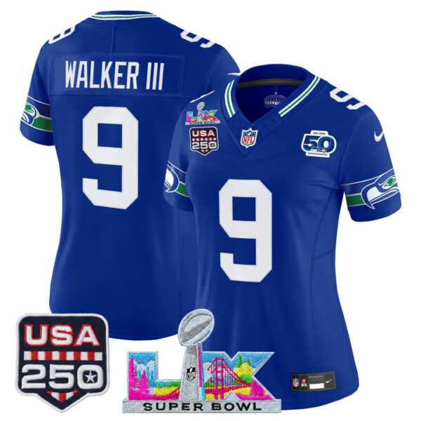 WoSeattle Seahawks Walker III "Super Bowl LX & United States 250th Anniversary Patch" Vapor Limited Jersey - All Stitched - Royal