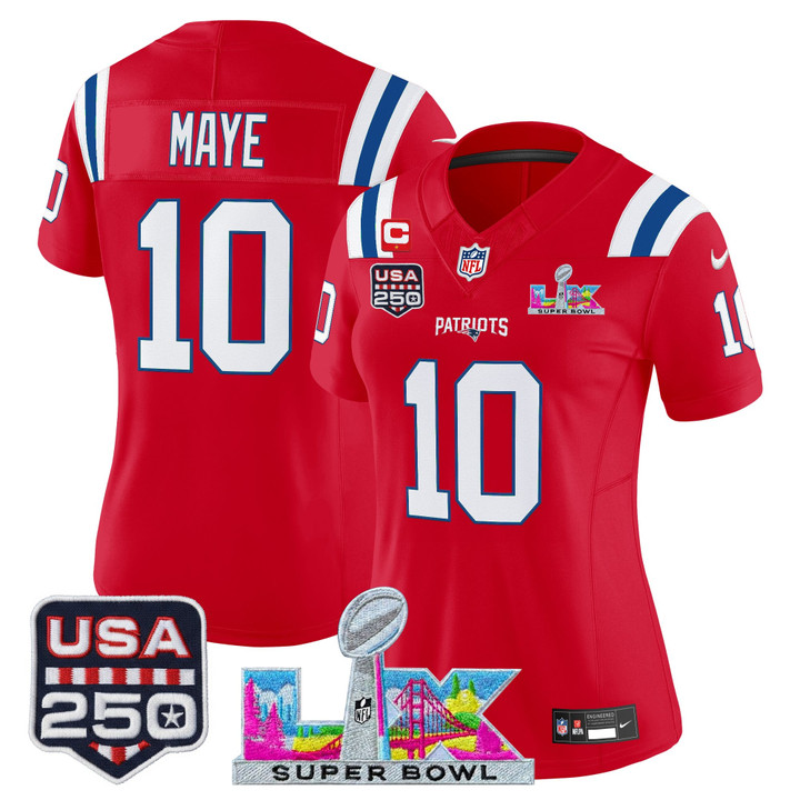 WoNew England Patriots Drake Maye "Super Bowl LX & United States 250th Anniversary Patch" Vapor Limited Jersey - All Stitched - Red