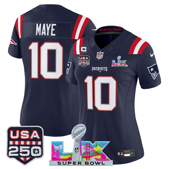 WoNew England Patriots Drake Maye "Super Bowl LX & United States 250th Anniversary Patch" Vapor Limited Jersey - All Stitched - Navy