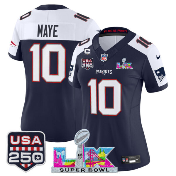 WoNew England Patriots Drake Maye "Super Bowl LX & United States 250th Anniversary Patch" Vapor Limited Jersey - All Stitched - Navy Alternate