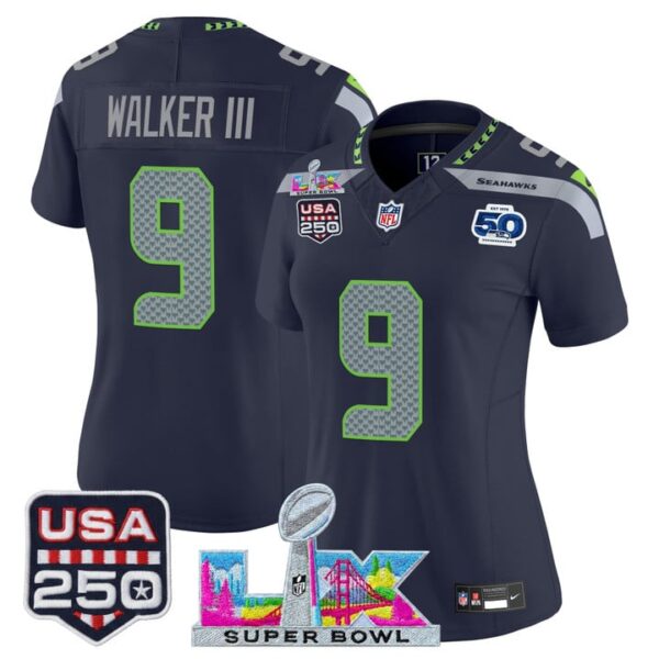 WoSeattle Seahawks Walker III "Super Bowl LX & United States 250th Anniversary Patch" Vapor Limited Jersey - All Stitched - College Navy