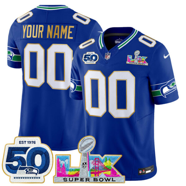 Seattle Seahawks "Super Bowl LX & 50th Patch" Gold Trim Vapor Limited Custom Jersey - All Stitched - Royal
