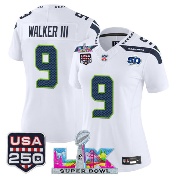 WoSeattle Seahawks Walker III "Super Bowl LX & United States 250th Anniversary Patch" Vapor Limited Jersey - All Stitched - White