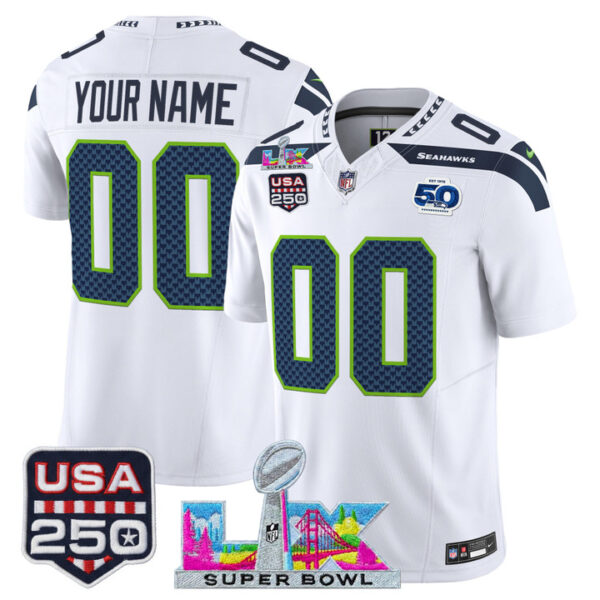 Seattle Seahawks "Super Bowl LX & United States 250th Anniversary Patch" Vapor Limited Custom Jersey - All Stitched - White