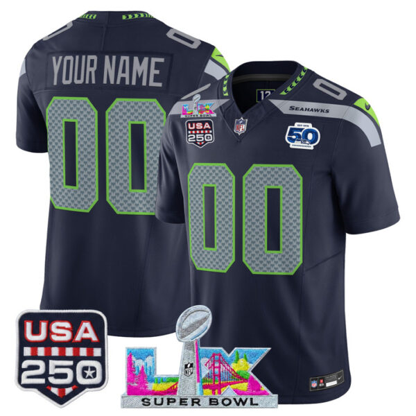 Seattle Seahawks "Super Bowl LX & United States 250th Anniversary Patch" Vapor Limited Custom Jersey - All Stitched - College Navy