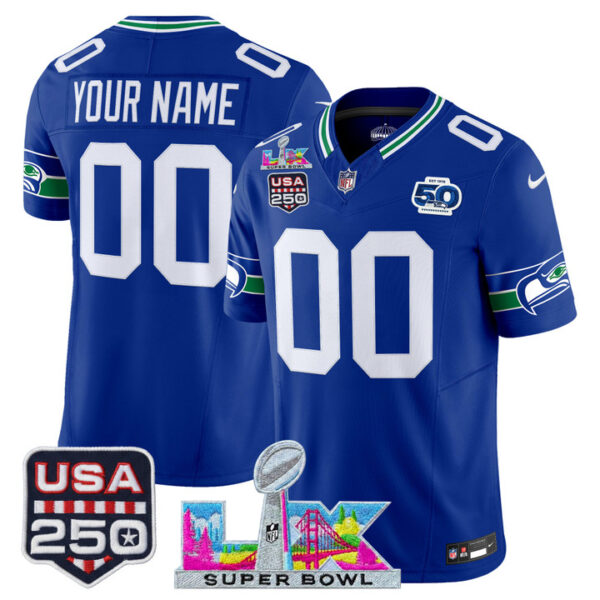 Seattle Seahawks "Super Bowl LX & United States 250th Anniversary Patch" Vapor Limited Custom Jersey - All Stitched - Royal