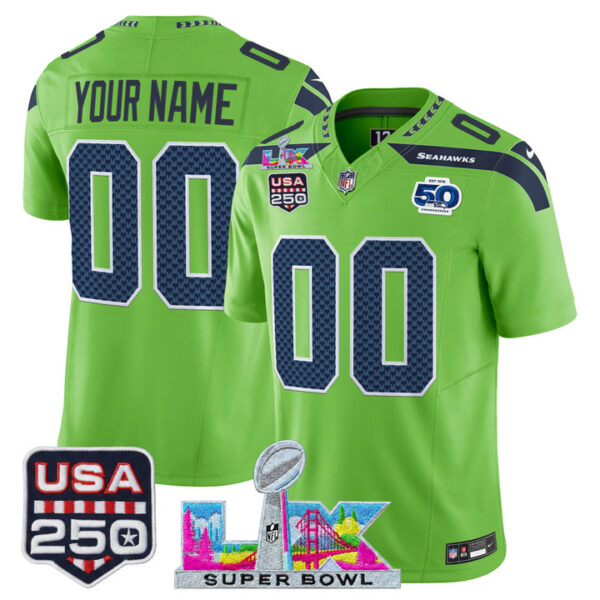Seattle Seahawks "Super Bowl LX & United States 250th Anniversary Patch" Vapor Limited Custom Jersey - All Stitched - Green