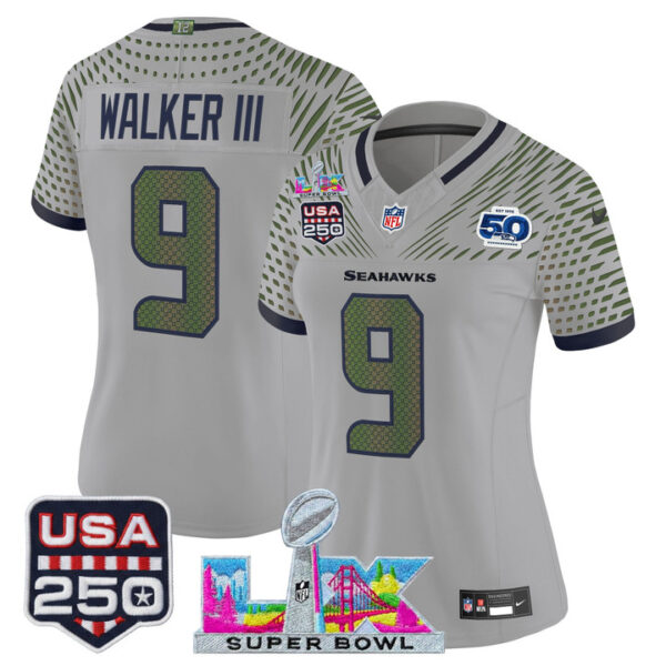 WoSeattle Seahawks Walker III "Super Bowl LX & United States 250th Anniversary Patch" Vapor Limited Jersey - All Stitched - Wolf Gray