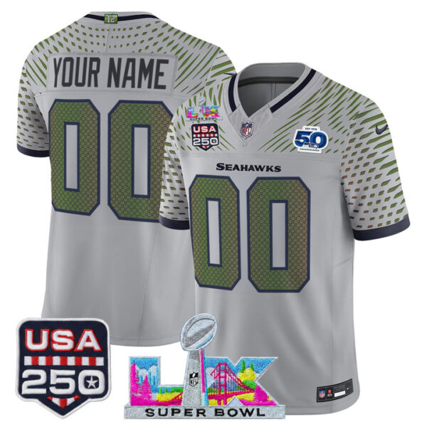 Seattle Seahawks "Super Bowl LX & United States 250th Anniversary Patch" Vapor Limited Custom Jersey - All Stitched - Wolf Gray