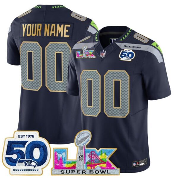 Seattle Seahawks "Super Bowl LX & 50th Patch" Gold Trim Vapor Limited Custom Jersey - All Stitched - College Navy