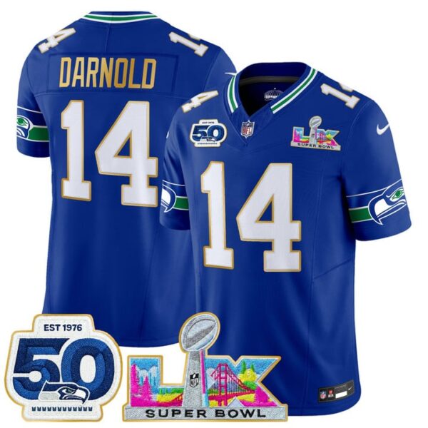 Seattle Seahawks Sam Darnold "Super Bowl LX & 50th Patch" Gold Trim Vapor Limited Jersey - All Stitched - Royal